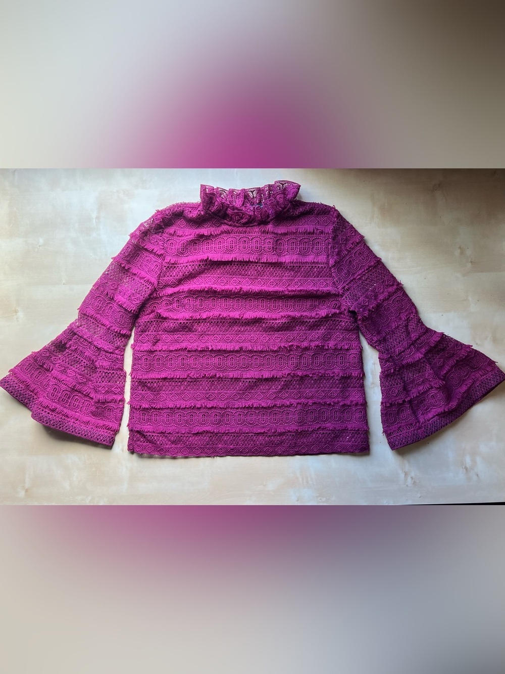 Romantic Victorian Lace Ruffle Neck Blouse with Bell Sleeves - Fuchsia/Raspberry